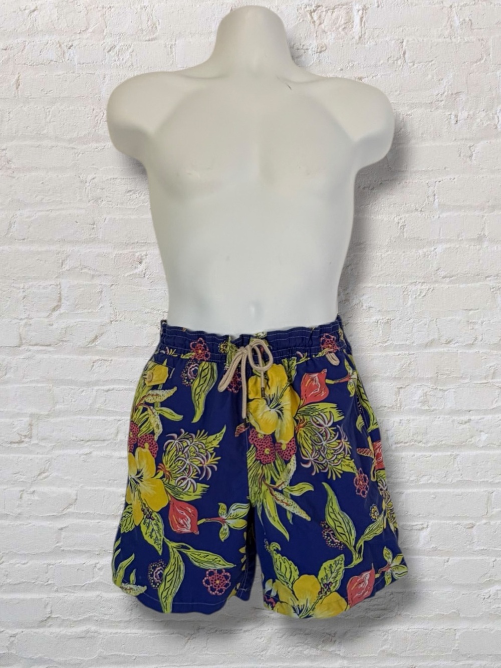 Polo Ralph Lauren Swim Trunks Mens Medium Blue Yellow Floral Hawaiian Mesh Lined
